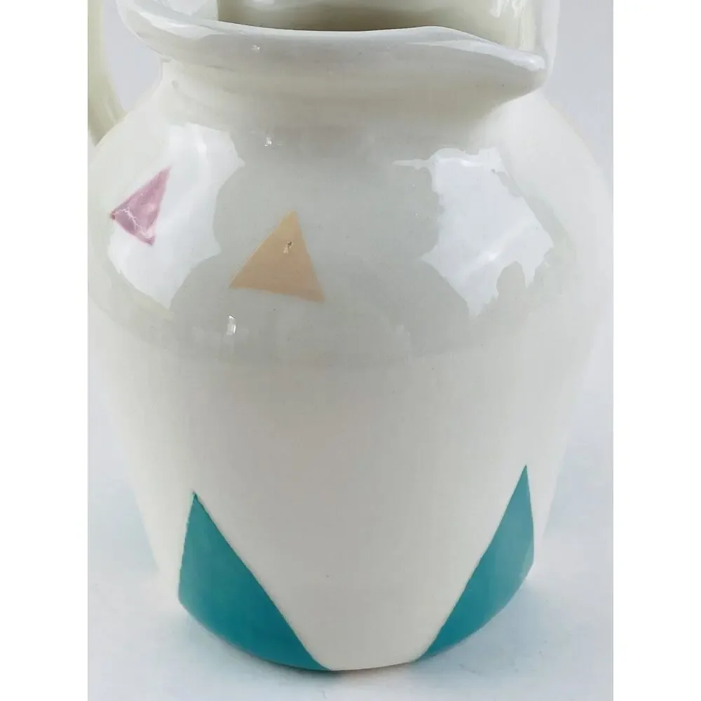 STORYTELLER ARTS Graphic Pitcher Pot Triangles Rare Turquoise Hand Painted 6.5